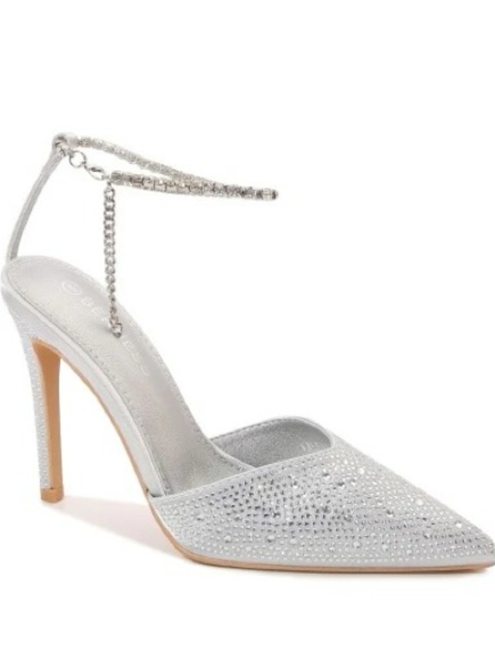 Silver Rhinestone Pointed-Toe Stiletto with Chain Ankle Strap
